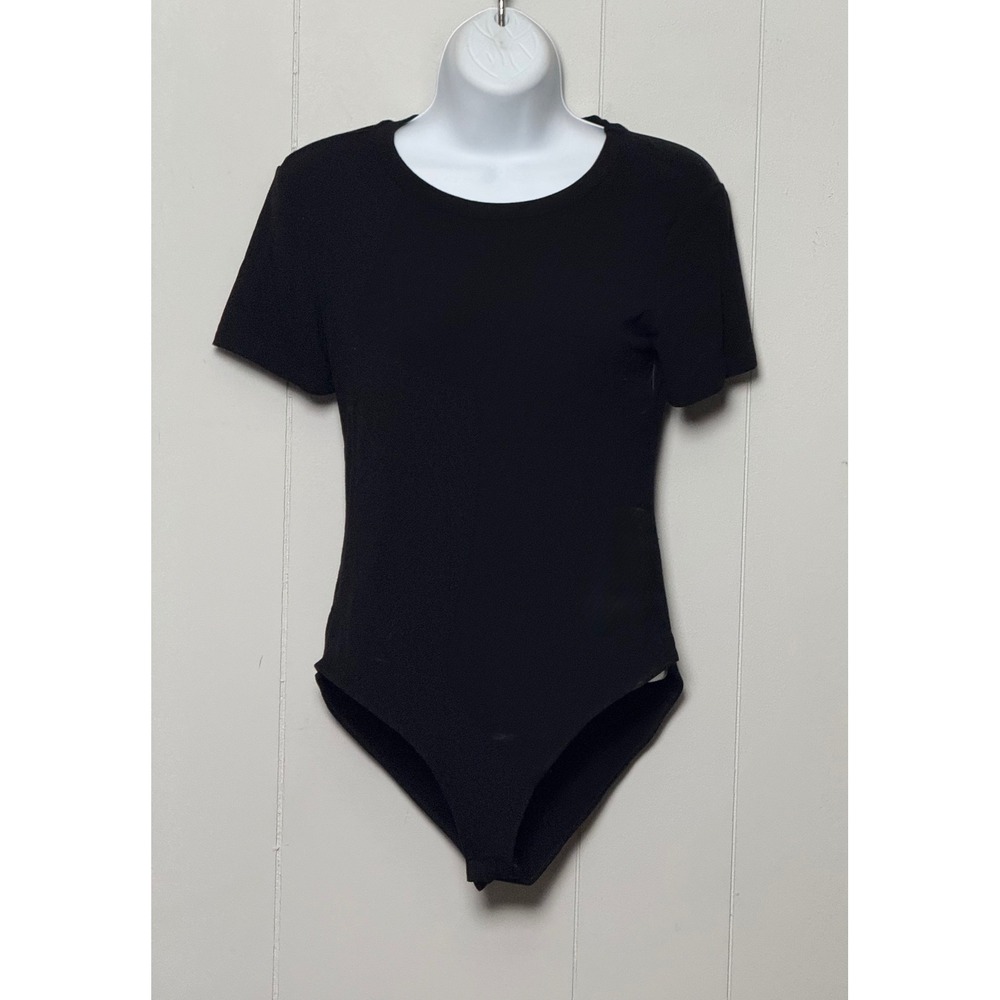 Mangopop Women's Short Sleeve Crew Neck Bodysuit Solid Black Large